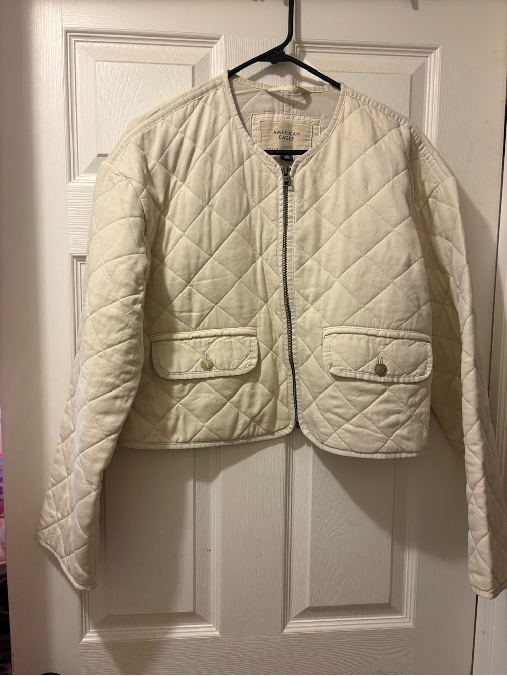 American Eagle Outfitters Cream Quilted Zip Bomber Jacket